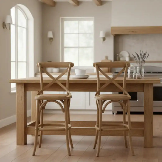 Wooden dining table with two chairs in a kitchen setting