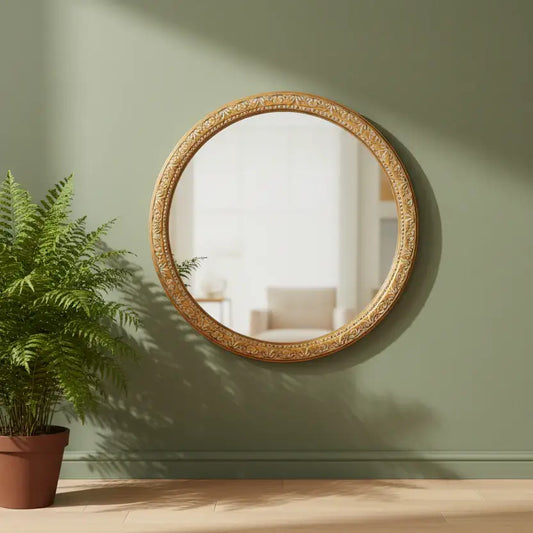 Round decorative mirror with gold frame on a green wall next to a potted plant.