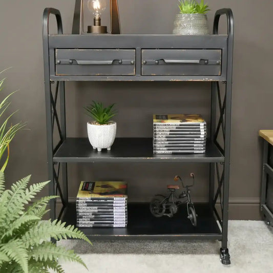 Aged Black Industrial Shelf Unit with Drawers 3