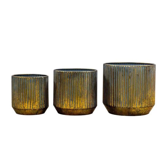Aged Bronze Metal Fluted Planter Set - 3