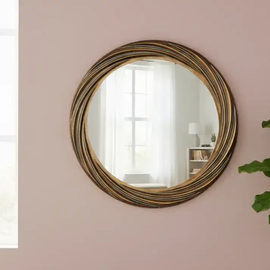Round decorative mirror with a gold frame on a pink wall