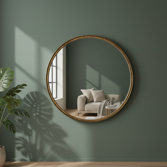 Round wooden-framed mirror on a green wall reflecting a cozy living room.