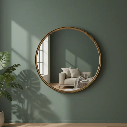 Round wooden-framed mirror on a green wall reflecting a cozy living room.