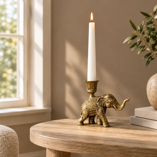 Bronze elephant candle holder with a lit white candle on a wooden surface against a dark blue wall.