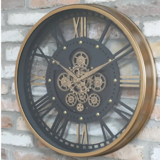 Decorative wall clock with mechanical design on a brick wall