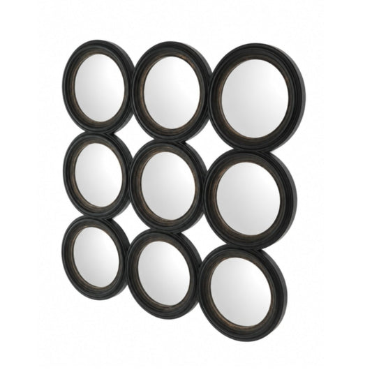 Nine circular mirrors with black frames arranged in a 3x3 grid on a white background.