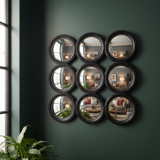Nine circular mirrors arranged in a grid on a green wall with reflections of a living room.