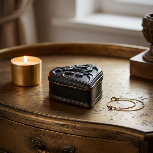 A small black ornate jewelry box with a carved lid sits on a distressed gold-toned wooden table next to a lit gold candle and a gold chain bracelet.