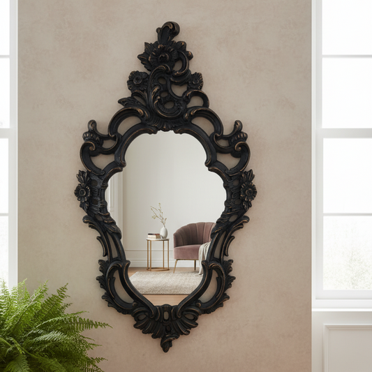 Antique Black Ornate Portrait Mirror