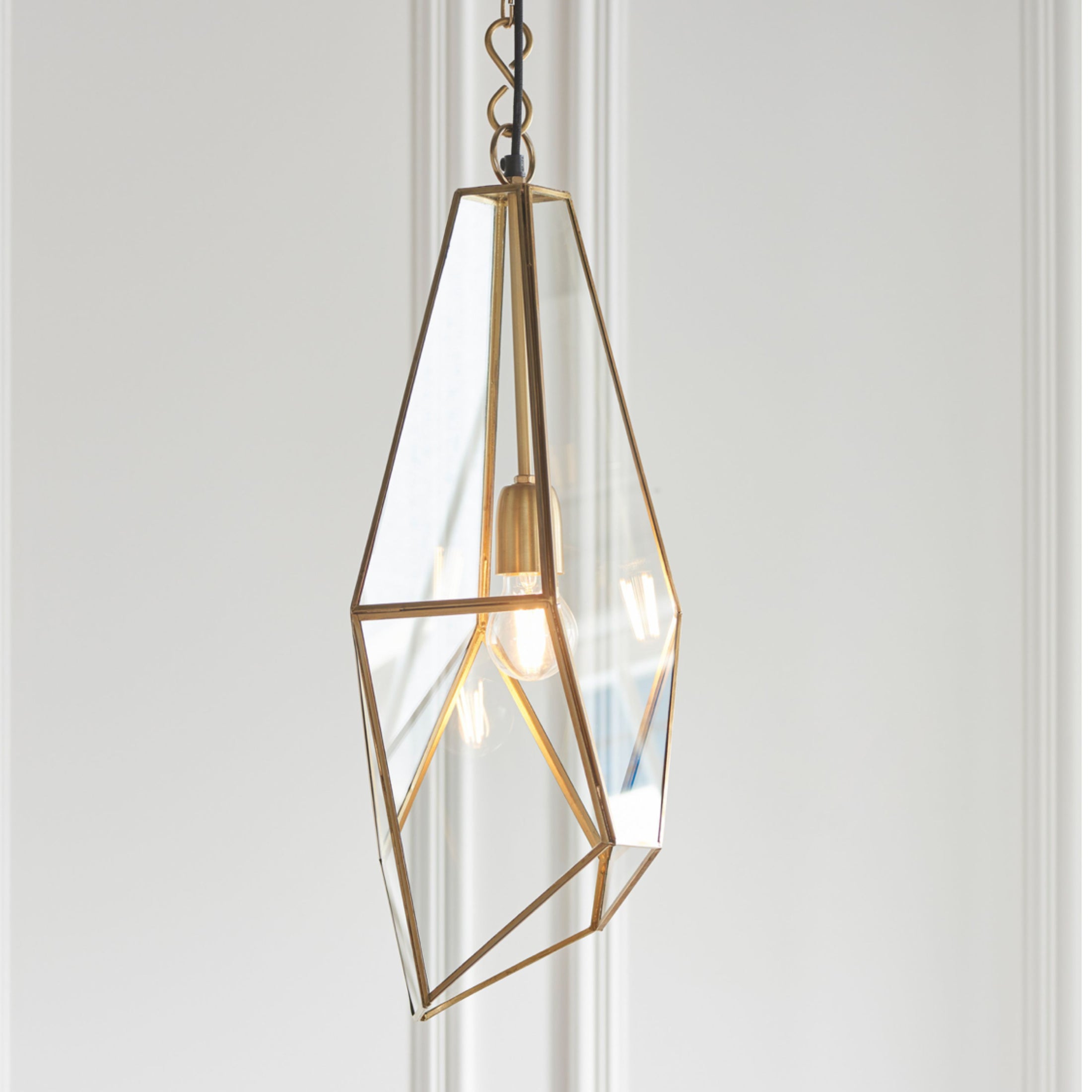 Antique Brass Angular Glass Panels Pendant Light
