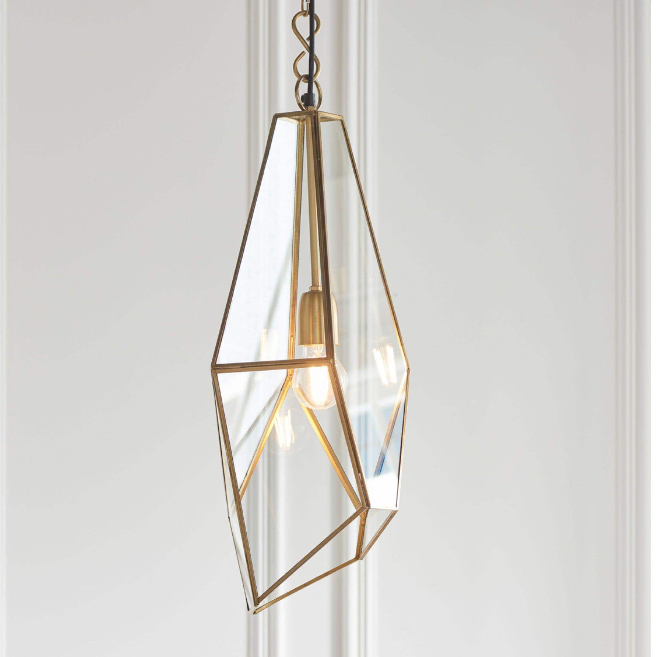 Antique Brass Angular Glass Panels Pendant Light