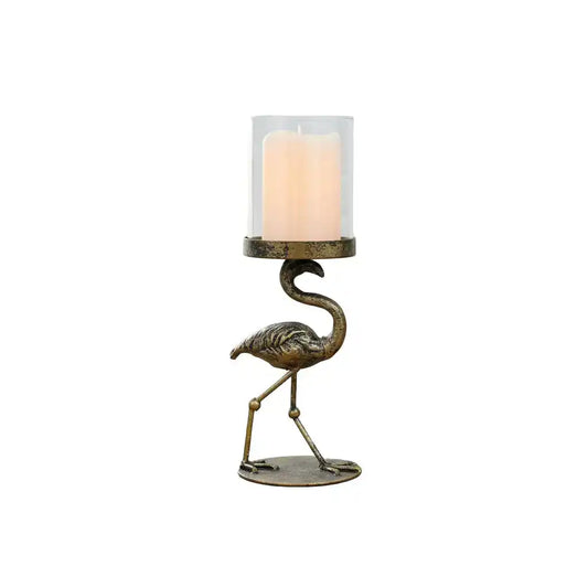 Flamingo-shaped candle holder with a candle on a white background