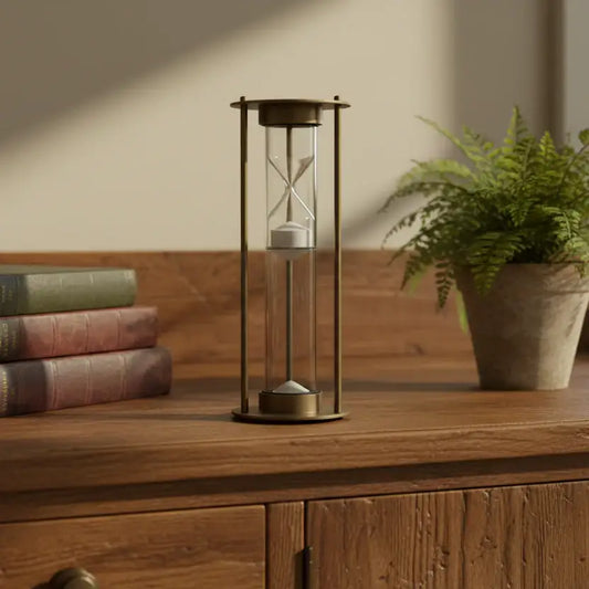 Hourglass on a wooden surface with books and a plant in the background