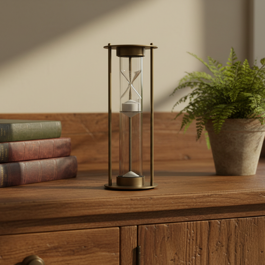 Hourglass on a wooden surface with books and a plant in the background