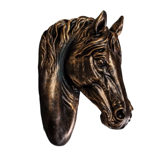Bronze horse head sculpture on a white background