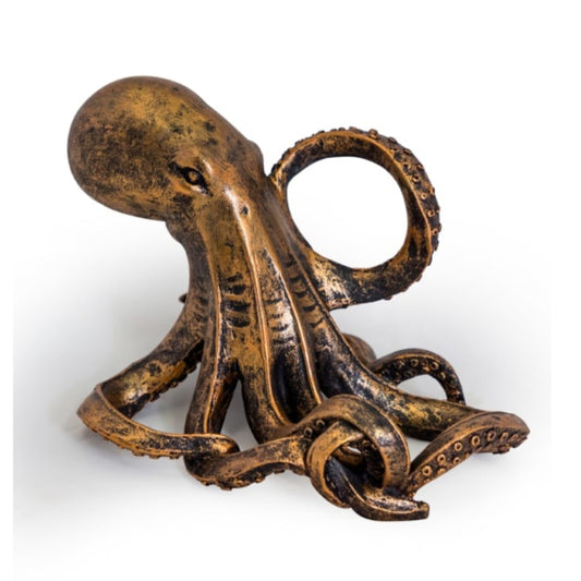 A bronze-finished octopus figurine with textured, weathered detailing, shown on a clean white background.