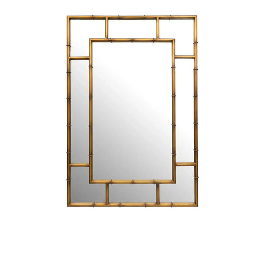 Decorative mirror with gold rectangular frame on a white background