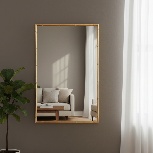 Rectangular mirror with gold frame on a wall, reflecting a living room.