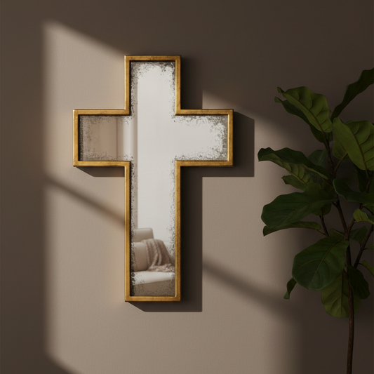 Decorative cross-shaped mirror with gold frame on a wall with a plant to the right.