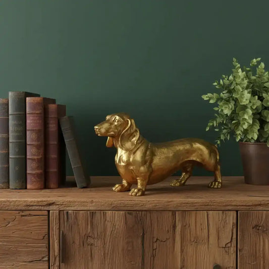 Gold dog statue on a wooden shelf with books and a plant against a green wall