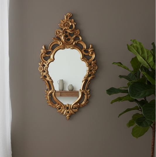 Decorative gold mirror on a wall with a plant to the right