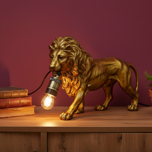Gold lion statue with a light bulb as a lamp on a wooden surface against a purple wall.
