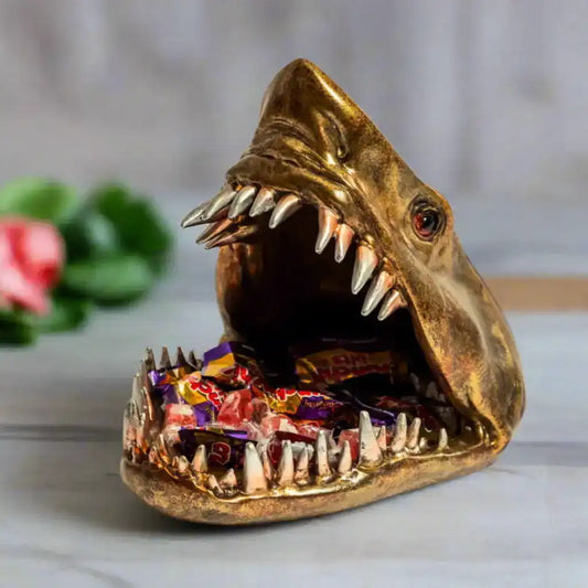 Bronze shark-shaped candy dish with open mouth displaying colorful candies on a marble surface.