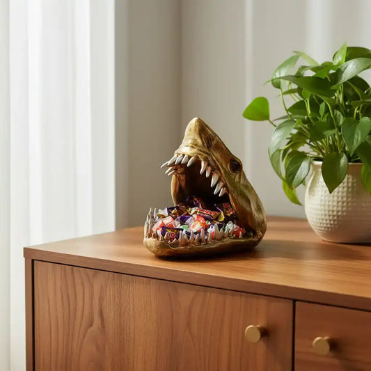 Decorative candy dish shaped like a shark on a wooden surface with a plant in the background