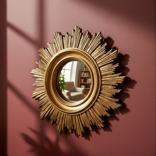 Gold sunburst mirror on a pink wall