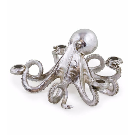 A silver octopus-shaped candle holder with six tentacles, each ending in a cup, photographed on a clean white background.