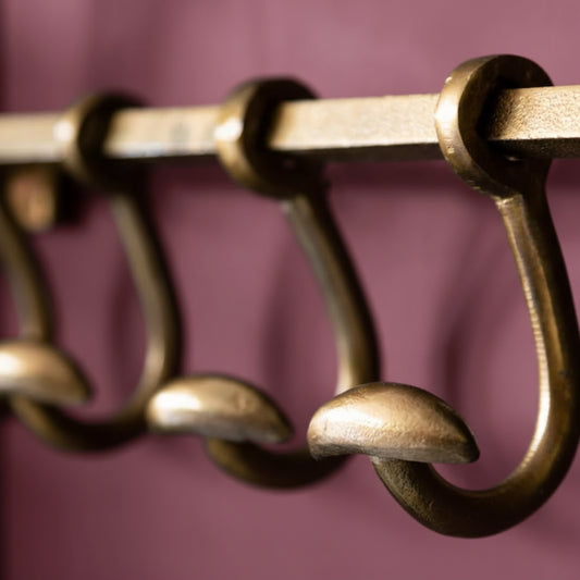 Close-up of a set of brass hooks on a purple background