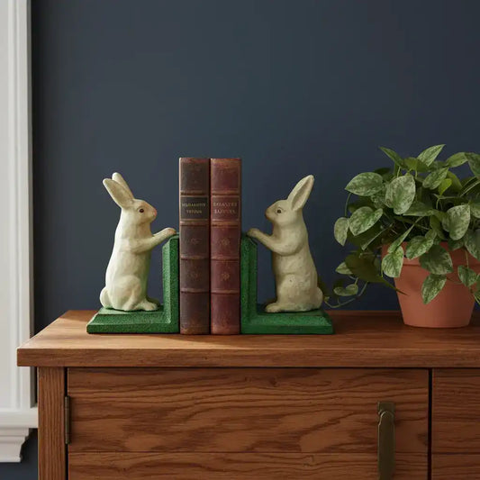 Decorative bookends shaped like rabbits on a wooden surface with a plant in the background.