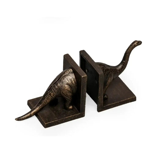 Bronze dinosaur bookends on a white background