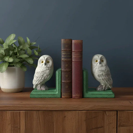 Owl bookends on a wooden surface with books and a plant against a dark blue wall.