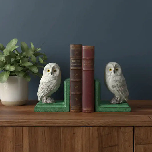 Owl bookends on a wooden surface with books and a plant against a dark blue wall.
