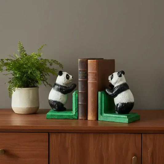 Panda bookends on a wooden surface with books and a plant in the background