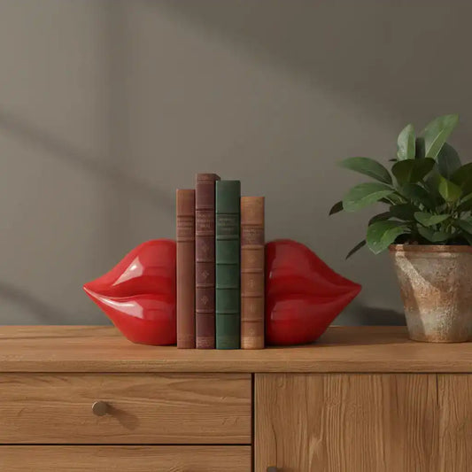 Red lip-shaped bookends on a wooden surface with books and a plant.
