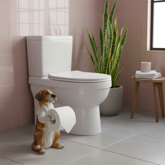 Dog figurine holding a roll of toilet paper next to a toilet in a bathroom.