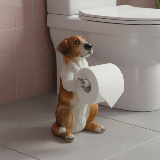 Dog-shaped object holding a roll of toilet paper in front of a toilet.