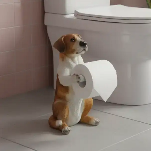 Dog-shaped object holding a roll of toilet paper in front of a toilet.