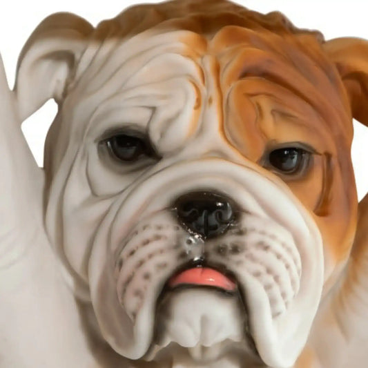 Close-up of a bulldog figurine with a white and brown color pattern.