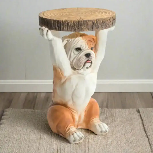 Bulldog-shaped side table with wooden top on a white background