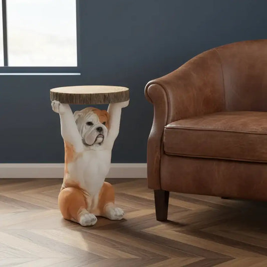 Table designed like a bulldog in a living room setting with a brown sofa and window.