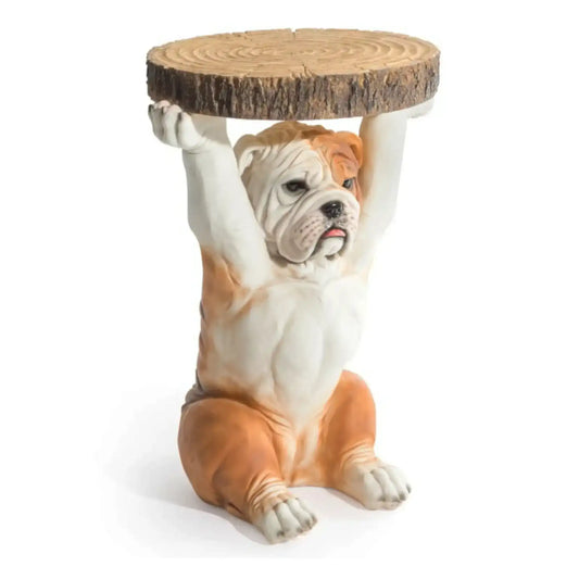 Bulldog-shaped side table with wooden top on a white background