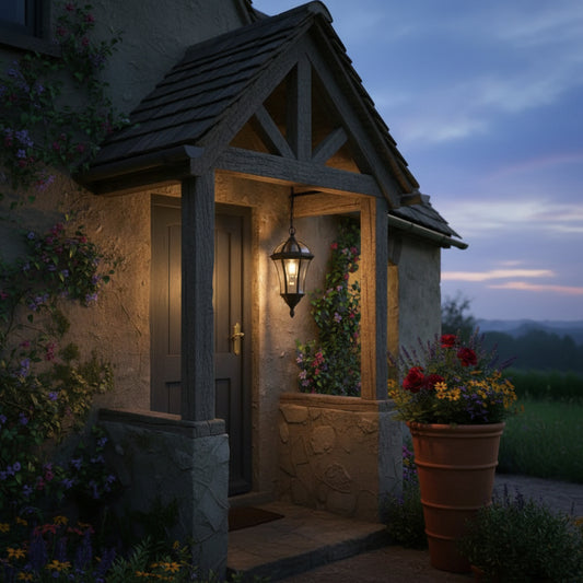 Decorative hanging light fixture on a wall next to a door
