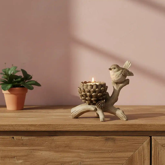 Decorative candle holder with a bird figurine on a wooden surface next to a potted plant.
