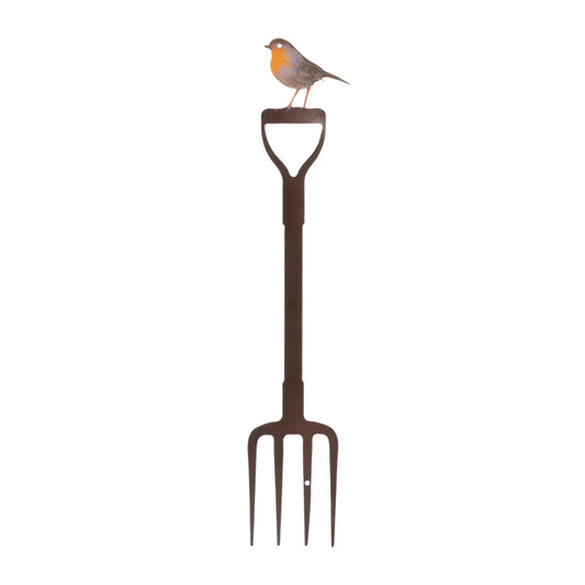 Garden fork with a robin perched on the handle against a white background