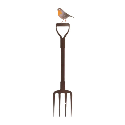 Garden fork with a robin perched on the handle against a white background