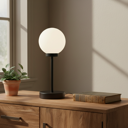 Table lamp on a wooden surface with a plant and book in a room with natural light.