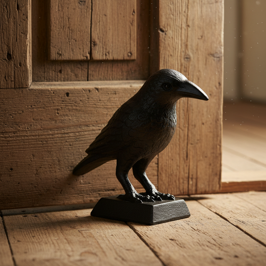 Statue of a crow on a wooden floor with a wooden door in the background